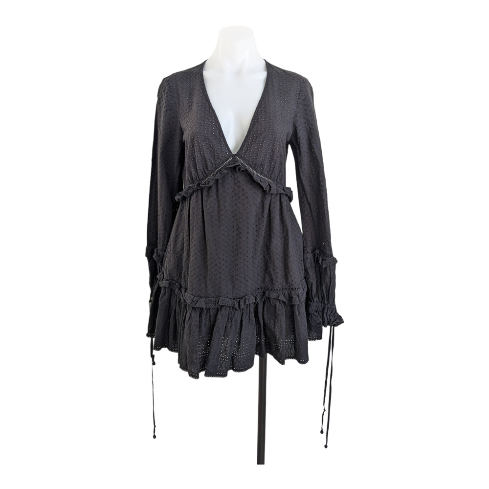Johnathan Simkhai Sz Small Broderie Eyelet Ruffled Mini Dress Black Long Sleeves